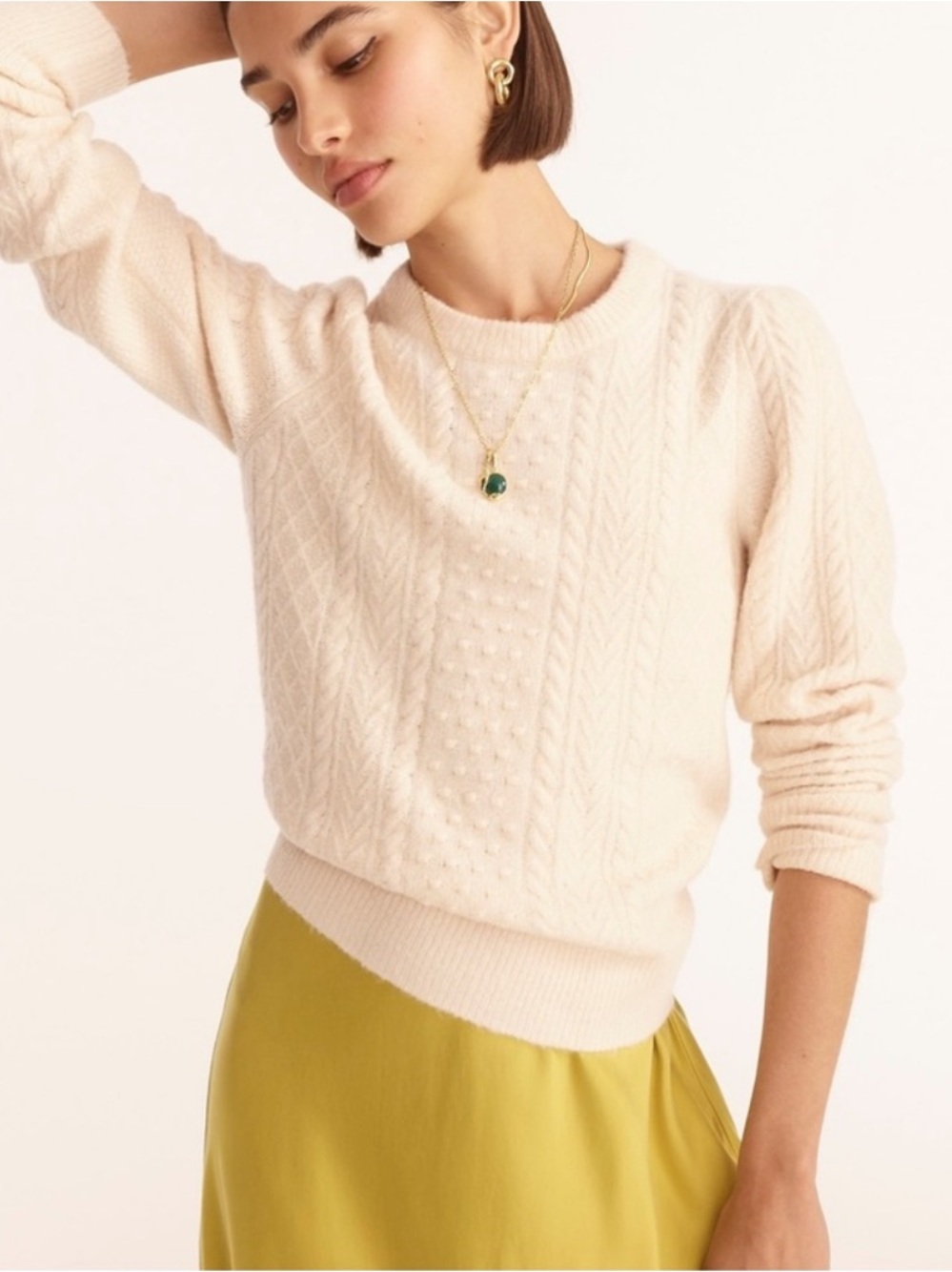 J Crew Stretch Wool Cable-Knit Crewneck Sweater in Cream